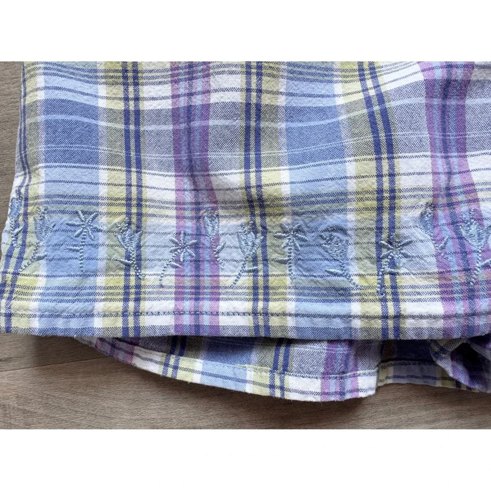 Vintage OshKosh Bgosh Plaid Skort Girls 6X Blue Purple Cotton Floral Embroidered